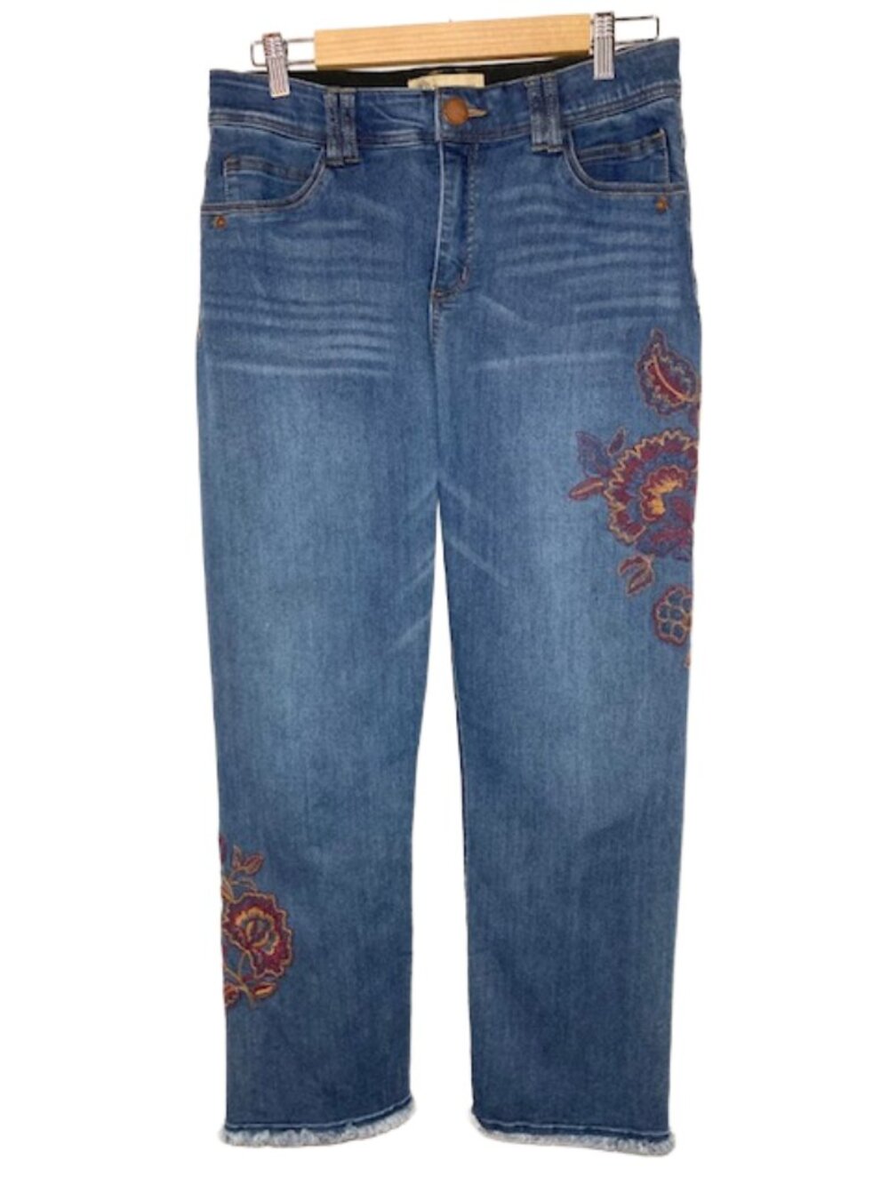 Democracy AB Technology High Rise Floral Embroidered Raw Hem Stretch Jeans 10